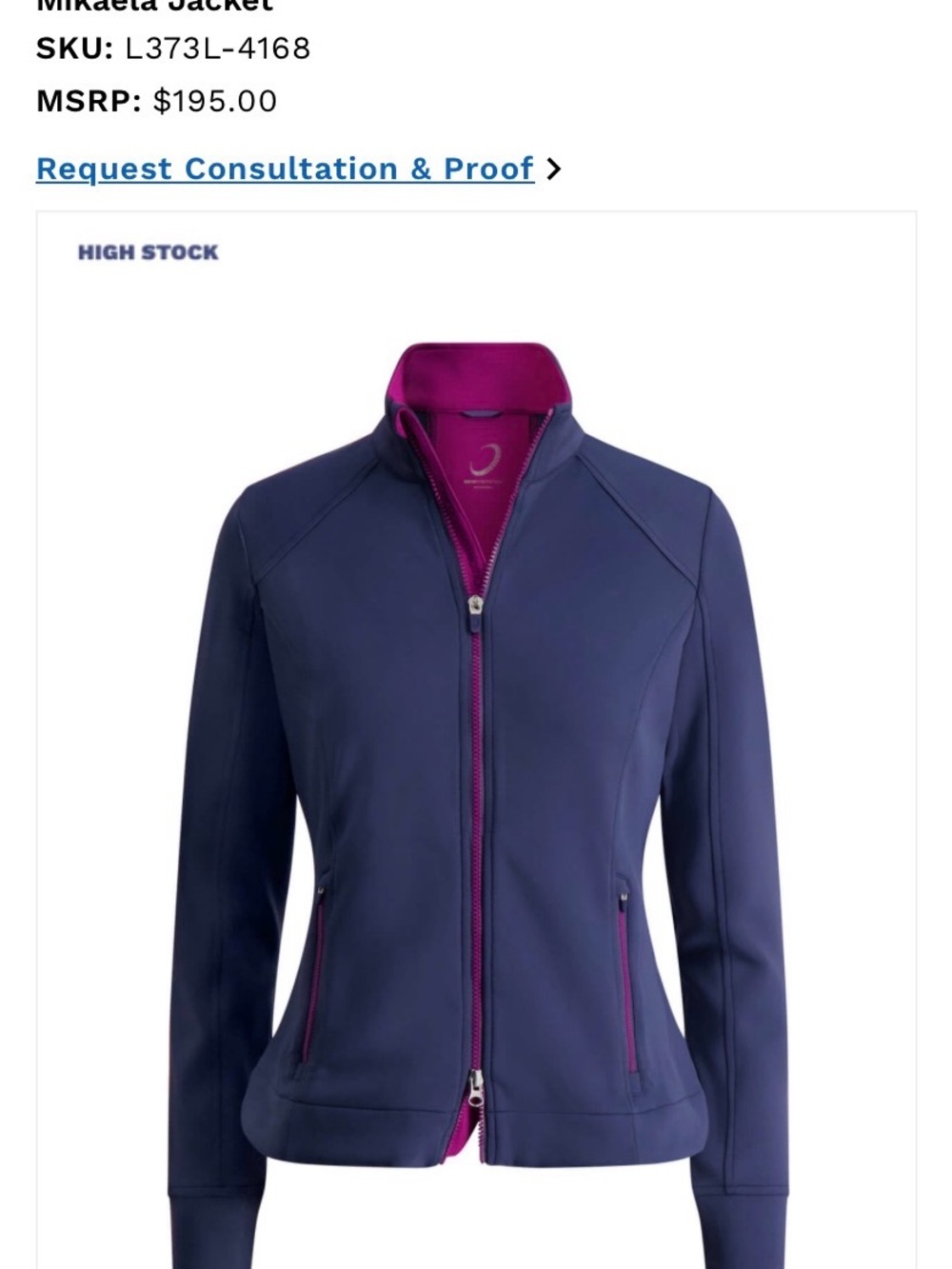ZERO RESTRICTION Women’s Navy Zip-Up Jacket with Pink Trim